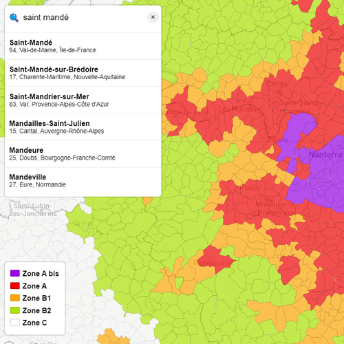 Carte de visualisation des zones Pinel (A bis, A, B1, B2, C) par