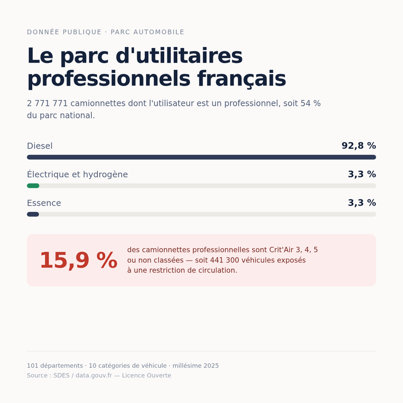 Explorer le parc de véhicules professionnels par département, catégorie, carburant et vignette Crit'Air