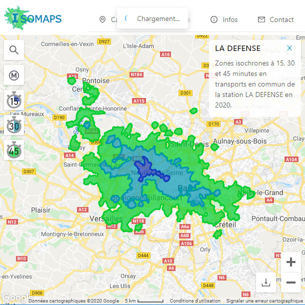 Carte qui permet de visualiser les zones isochrones à 15, 30 et 45 minutes de la station de la Défense