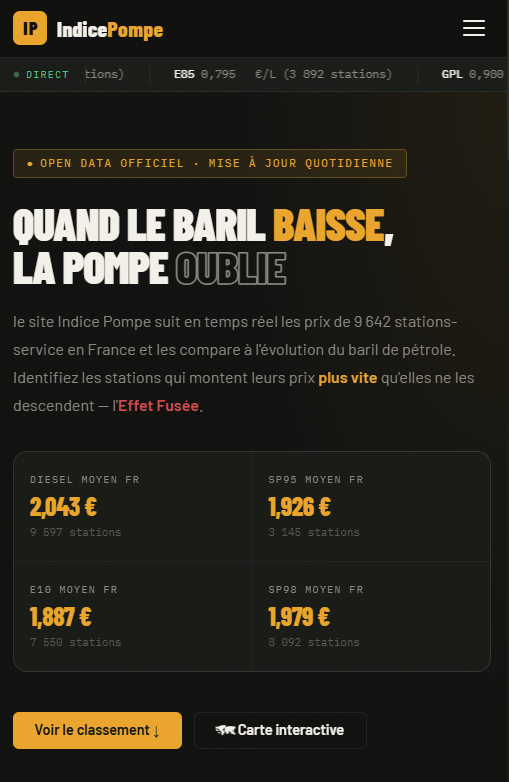 Comparateur de prix des carburants avec analyse des variations (effet fusée / plume)